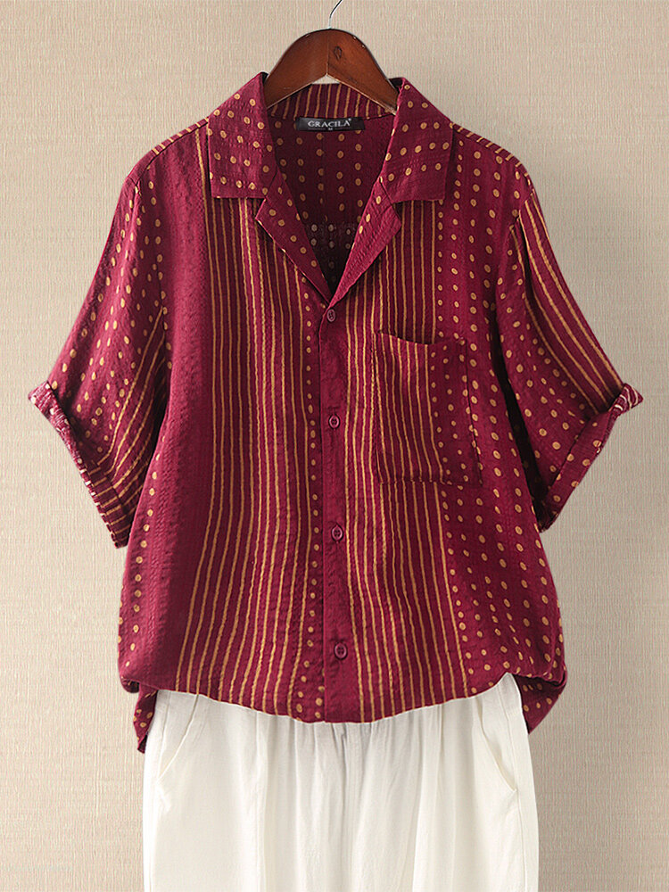 Women Polka Dot Striped Lapel Short Sleeve Shirt With Pocket