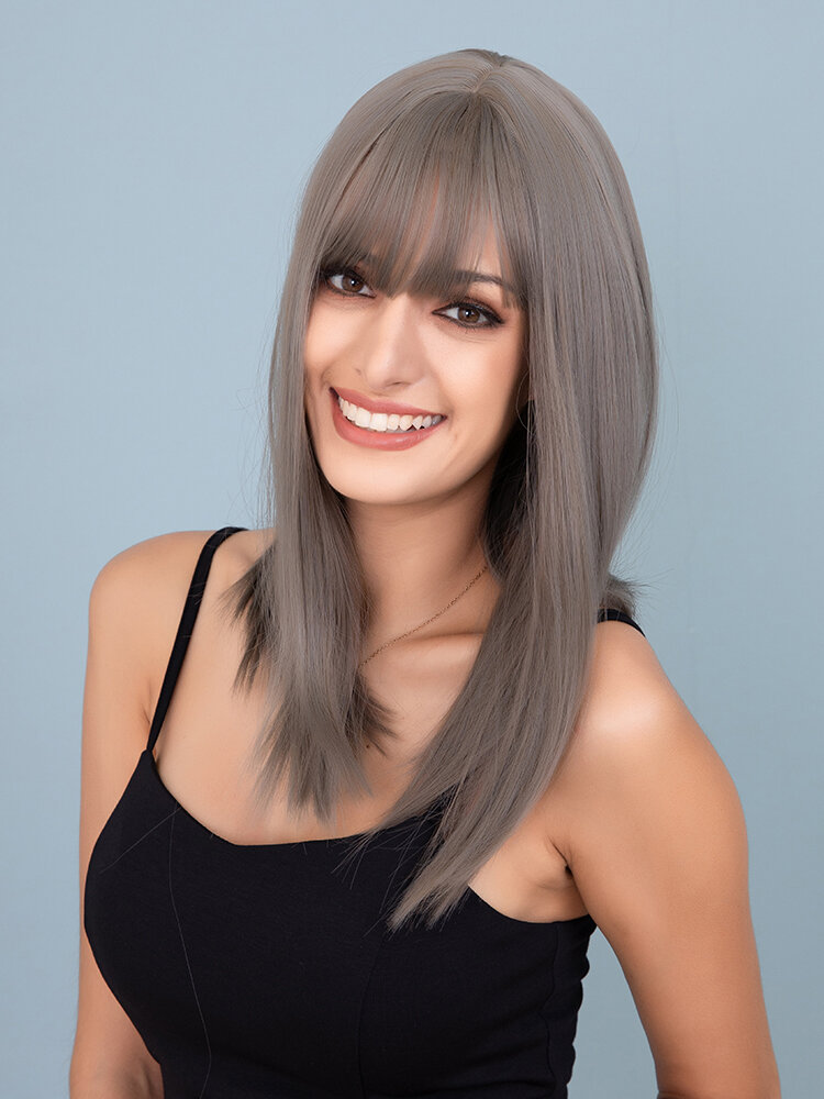 17 Inch Mixed Gray Medium-Long Straight Hair Breathable Prom Full Head Cover Wig