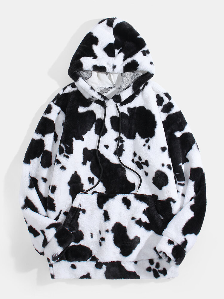 Mens Allover Cow Print Fluffy Kangaroo Pocket Pullover Plush Hoodie