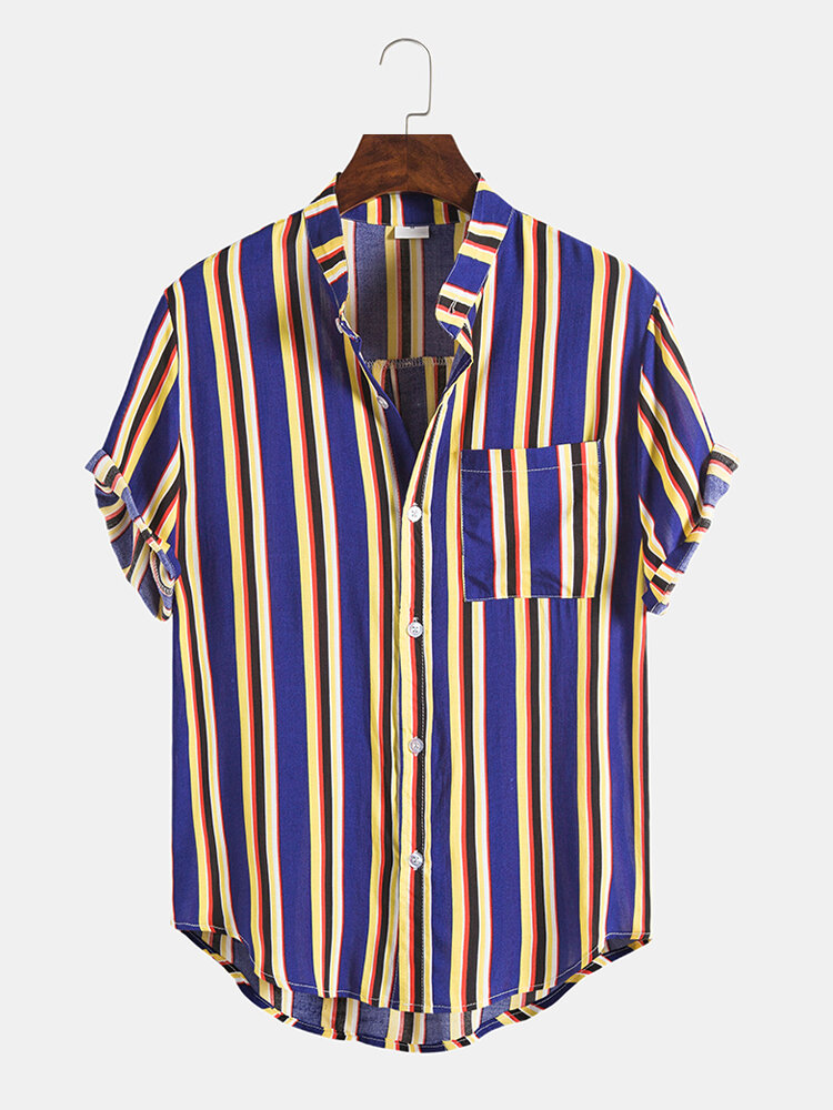 

Mens Design Striped Casual Hit Color Round Hem Short Sleeve Shirts, Purple