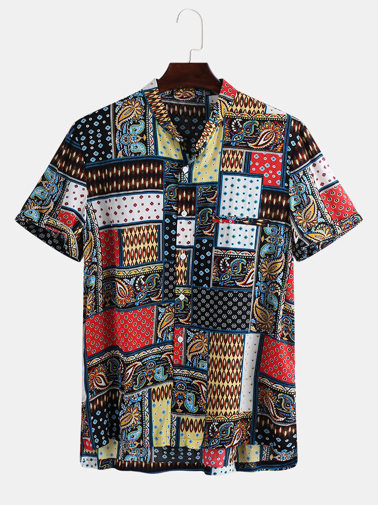 SFE Mens Vintage Ethnic Printed Turn Down Collar Short Sleeve Loose Shirts Casual Fashion Shirt for Men 