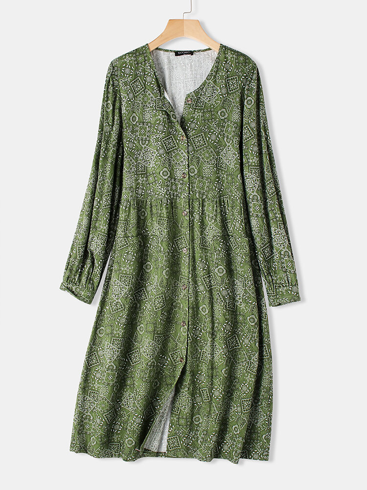 Printed Button Fly V-neck Bishop Sleeve Bohemian Dress