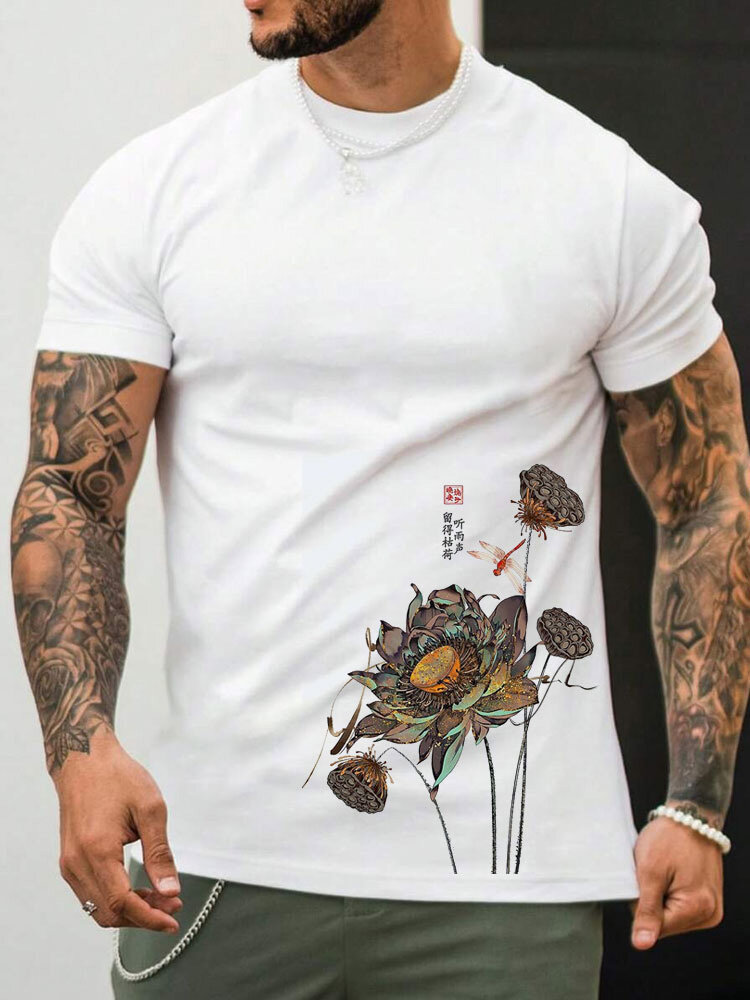 

Mens Chinese Style Lotus Print Crew Neck Short Sleeve T-Shirts Winter, White