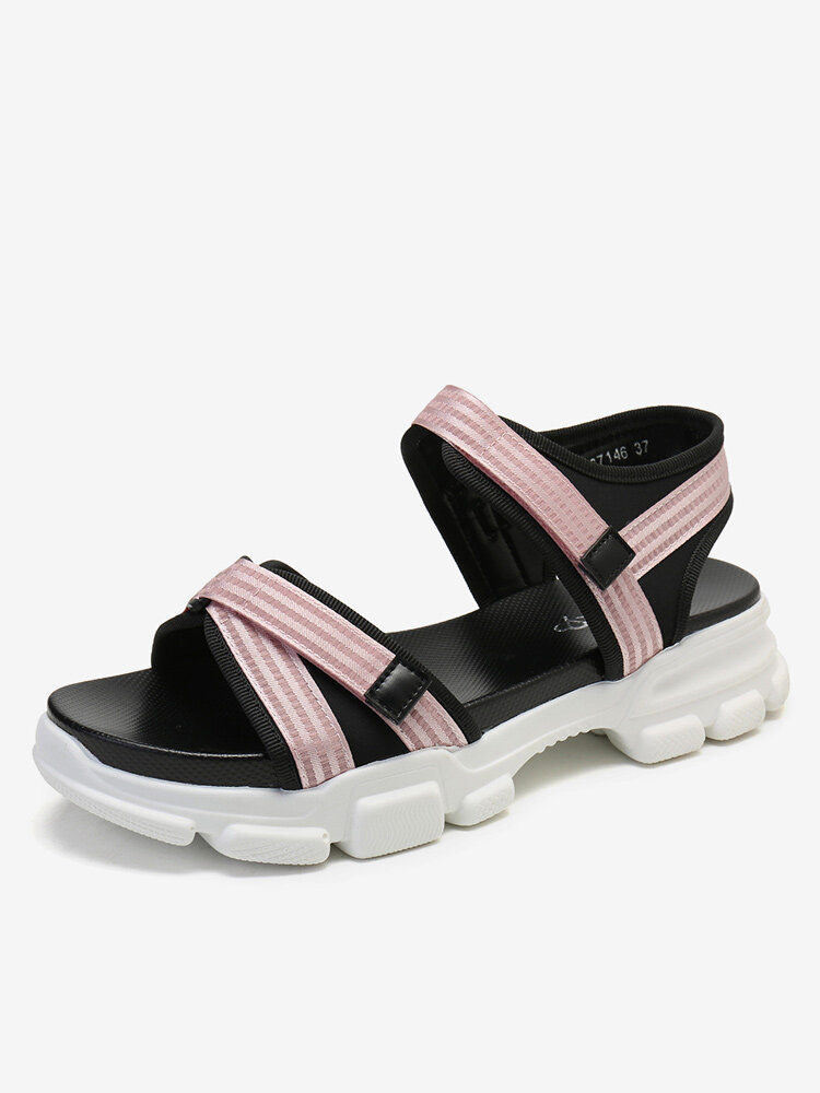 

LOSTISY Women Stripes Cross Strap Hook Loop Platform Sport Sandals, Pink;khaki;white