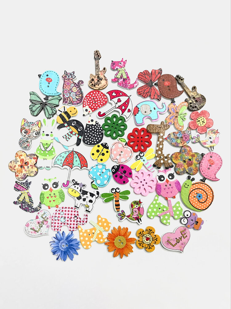 50 pcs Cartoon Printing Buttons Animal Flower Film Random Mixed Manual DIY Decorative Buttons