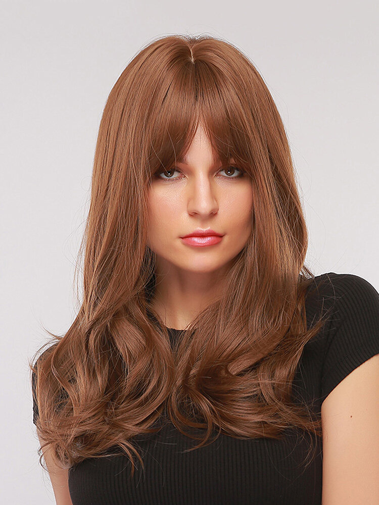 26 Inches Brown Long Wavy Curls Hair With Bangs Natural Mature Headgear Synthetic Wig Suitable For Party And Daily