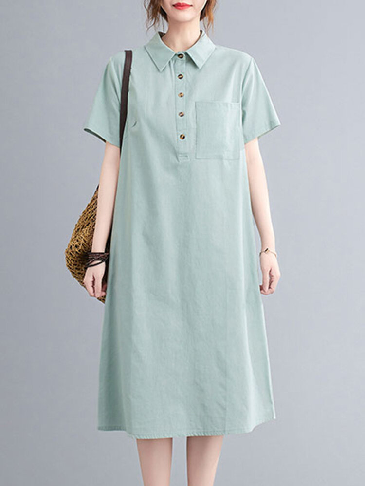 Solid Button Front Lapel Pocket Short Sleeve Casual Dress