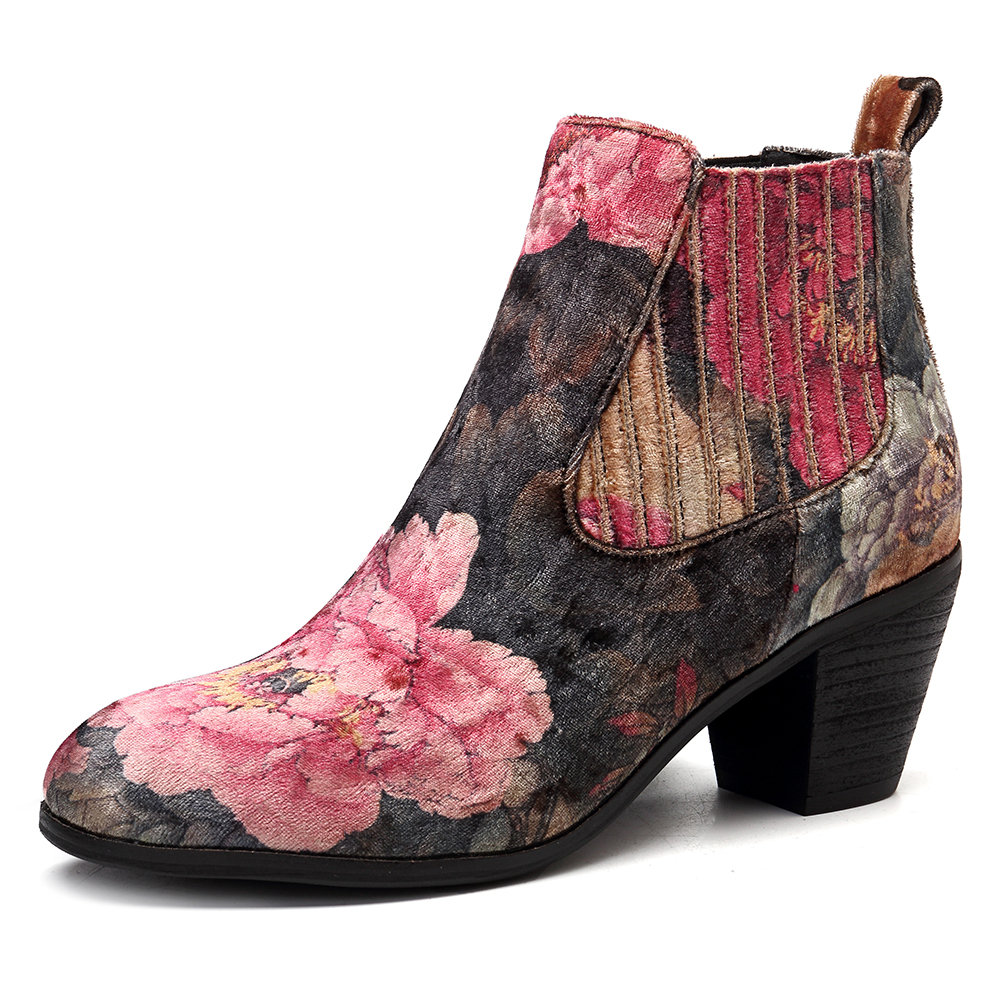 SOCOFY Folkways Bloom Flower Pattern Velvet Cloth Slip On Elastic Band Comfortable Ankle Boots