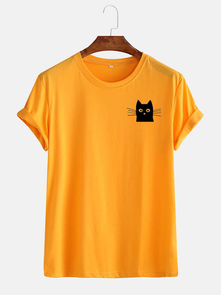 Mens Simple Cartoon Cat Graphic Casual Cotton Short Sleeve T-Shirt
