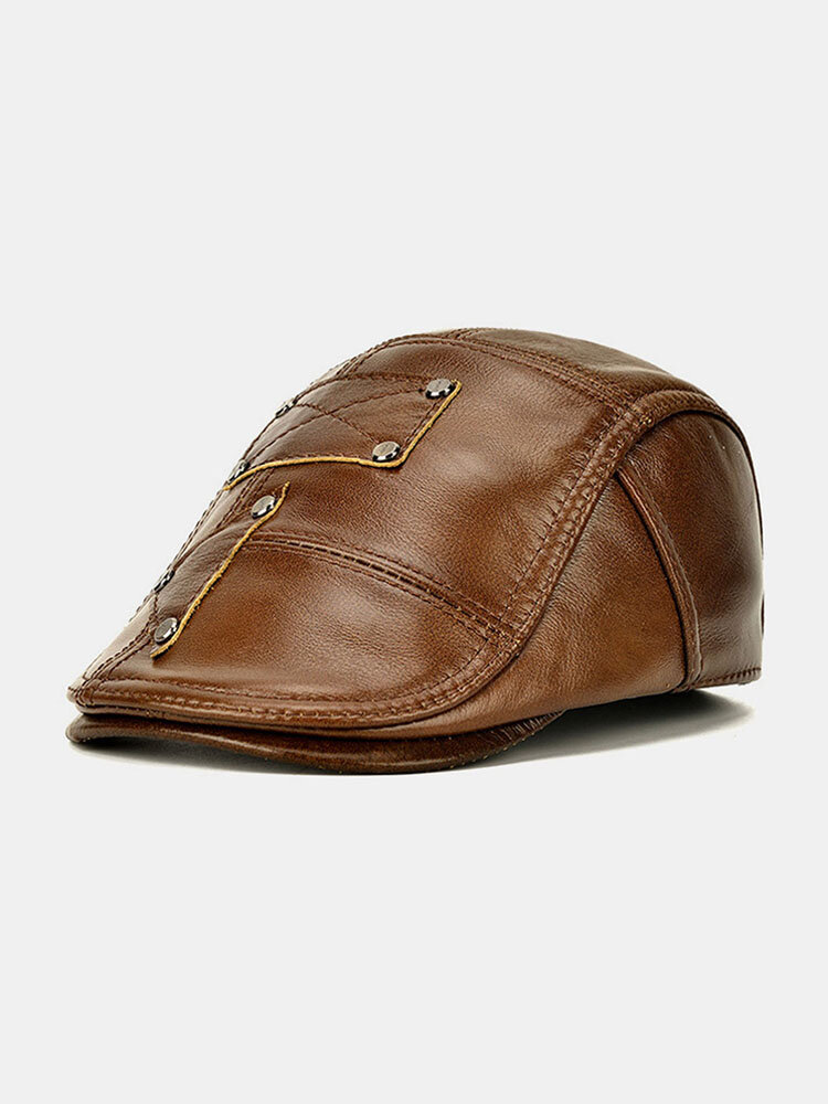 Men Genuine Leather Rivet Decoration Plus Velvet Keep Warm Ear Protected Casual Beret Hat