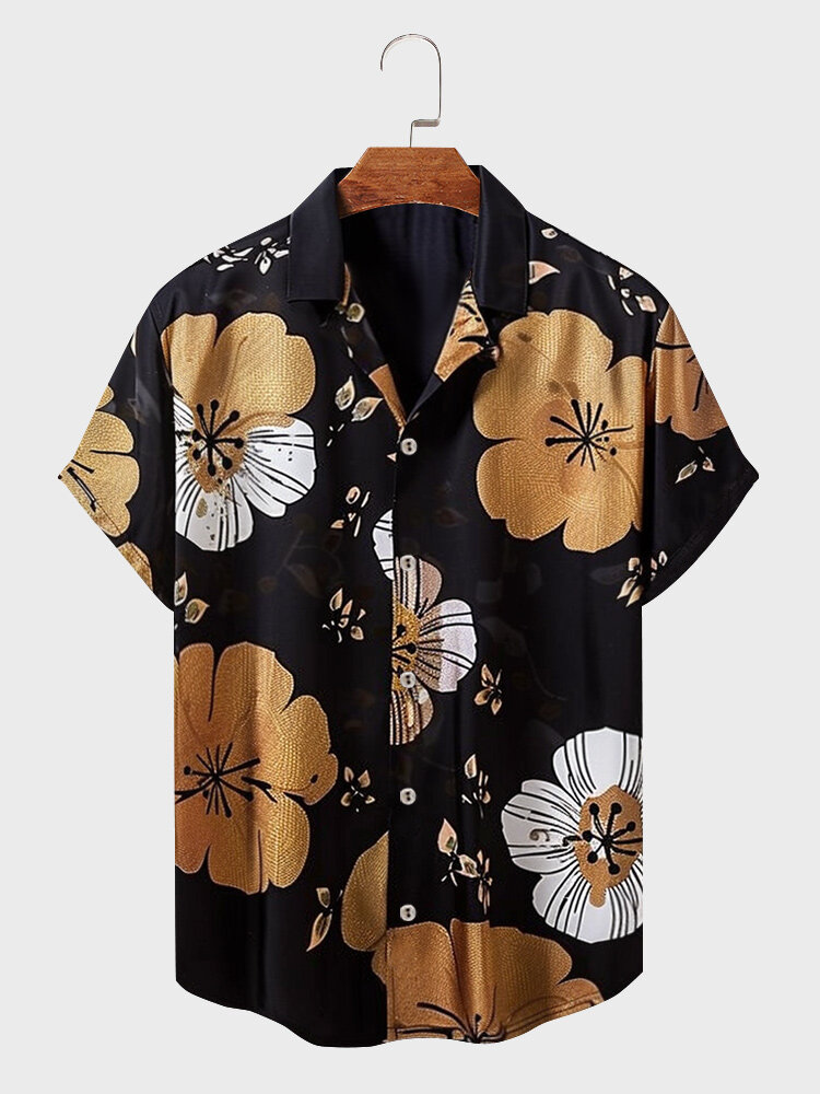 

Mens Floral Print Lapel Button Up Short Sleeve Shirts, Black