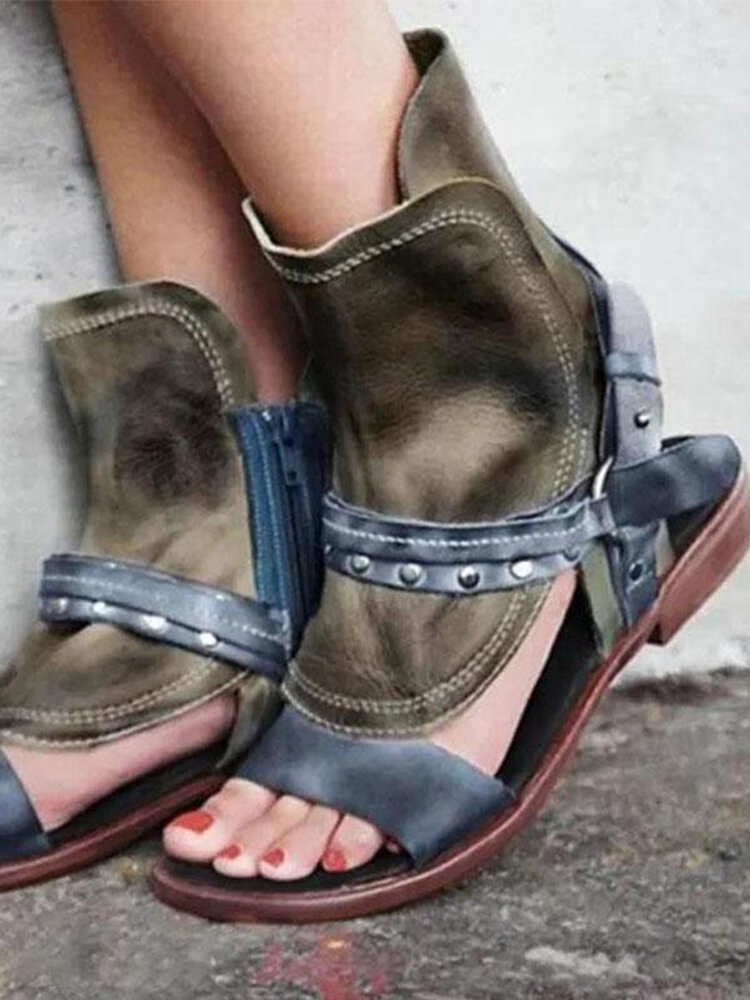Large Size Women Casual Vintage Buckle Decor Side-zip Sandals