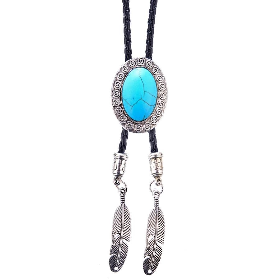 Vintage Bolo Tie Feather Tassels Wax Rope Adjustable Vein Oval Collar Tie Ethnic Jewelry for Men