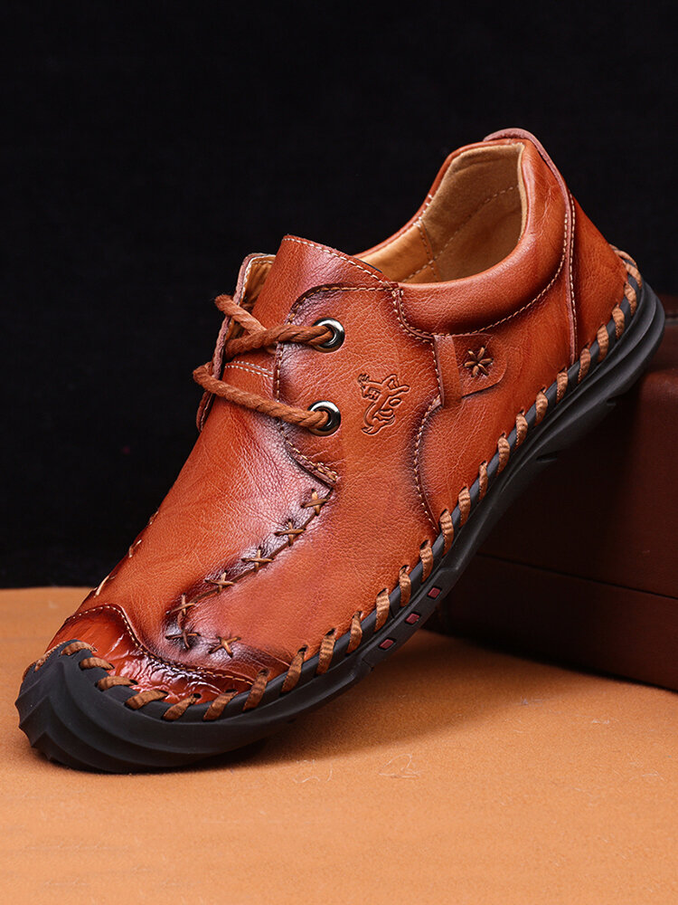 Menico Men Retro Non Slip Hand Stitching Soft Sole Casual Leather Shoes