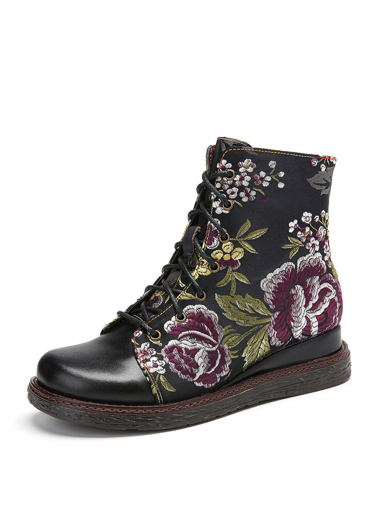 SOCOFY Elegant Flower Embroidery Genuine Leather Zipper Comfy Wearable Casaul Ankle Boots