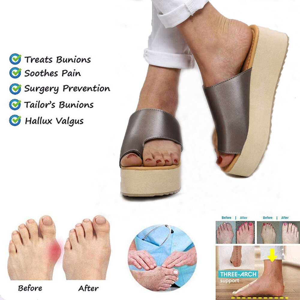 

Women Casual Wearable Beach Casual Toe Ring Orthopedic Bunion Corrector Platform Slippers, Black;khaki