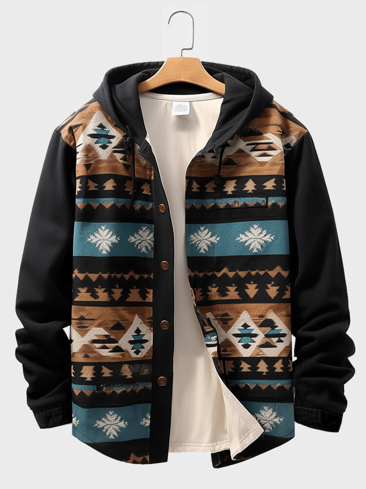 Mens Ethnic Geometric Print Patchwork Button Front Hooded Jacket Winter