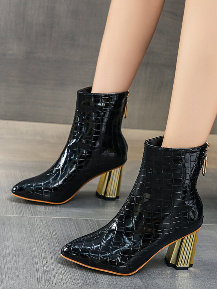 Large Size Women Fashion Black Alligator Pattern Comfy Warm Lined Back-zip Chunky Heel Short Boots
