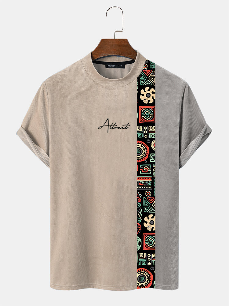 Kurzärmliges Patchwork-T-Shirt mit geometrischem Druck und Mock-Neck für Herren