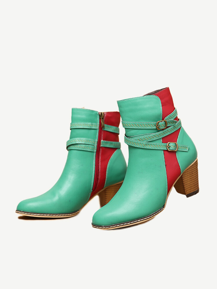 Splicing Buckle Decor Casual Side Zipper Chunky Heel Ankle Boots