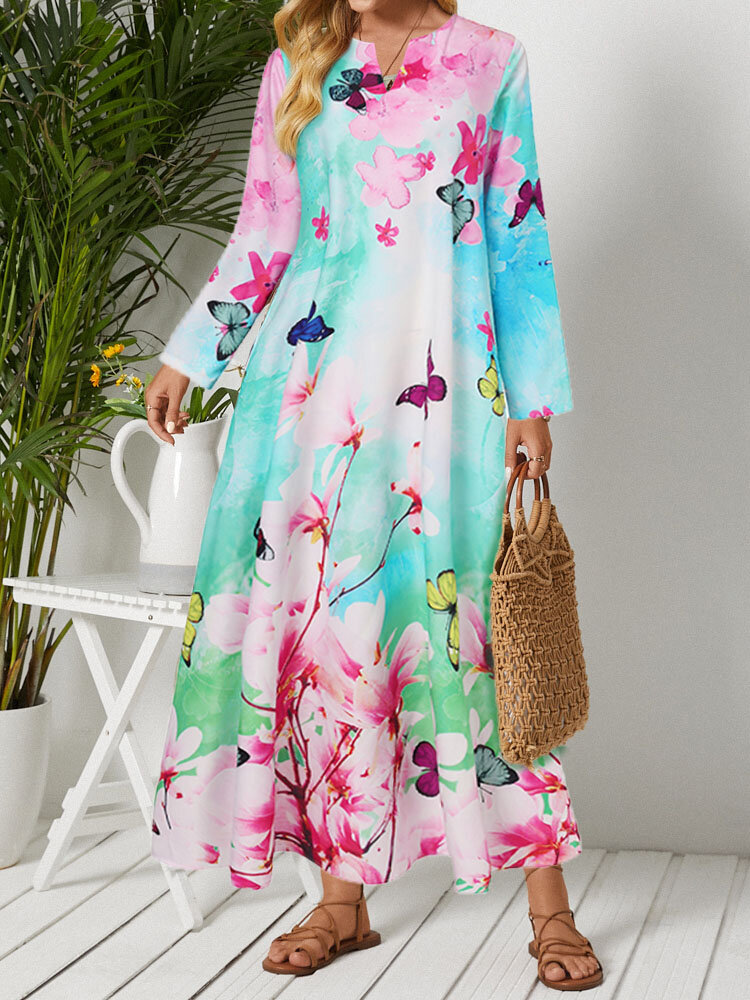 Flower Print Long Sleeve Pocket V-neck Maxi Dress