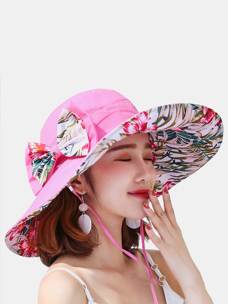 Women Cotton Double-sided Wear Bowknot Flower Pattern Printing Sun Protection Bucket Hat
