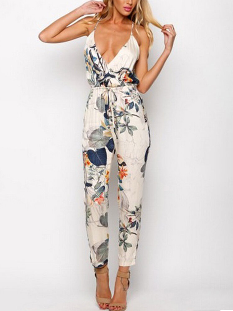 Floral Print Drawstring V-neck Sleeveless Casual Jumpsuit for Women