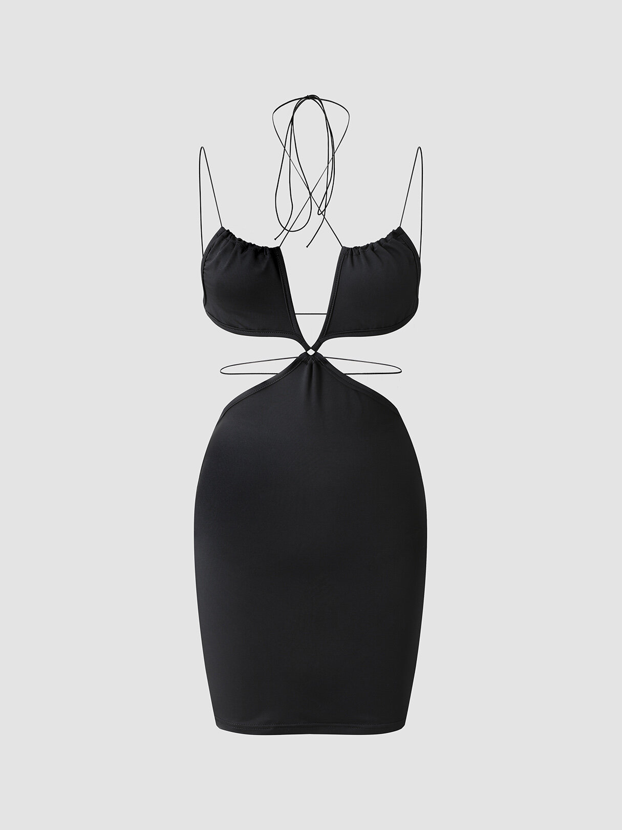 

Solid Open Back Self Tie Halter Mini Sexy Dress, Black