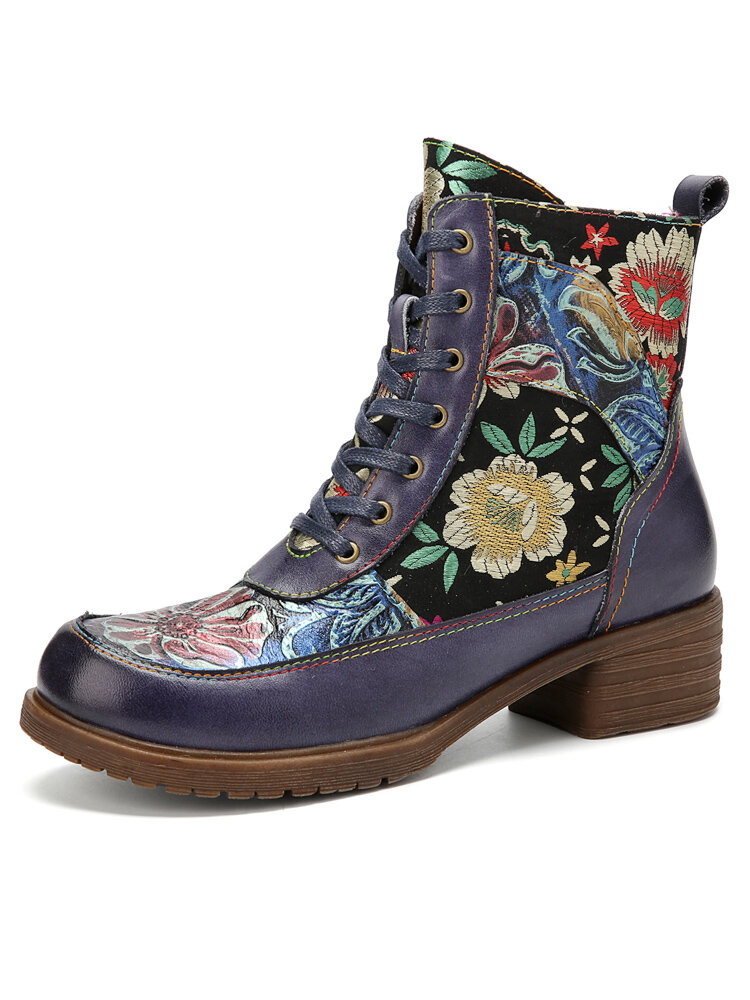 Socofy Vintage Floral Embossed Embroidery Leather Side-zip Comfy Warm Lining Chunky Low Heel Short Boots