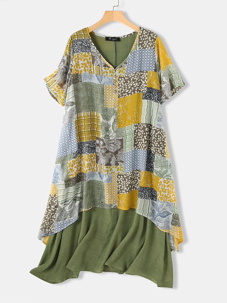 Print Patchwork Short Sleeve Plus Size Summer Dress with Pockets
