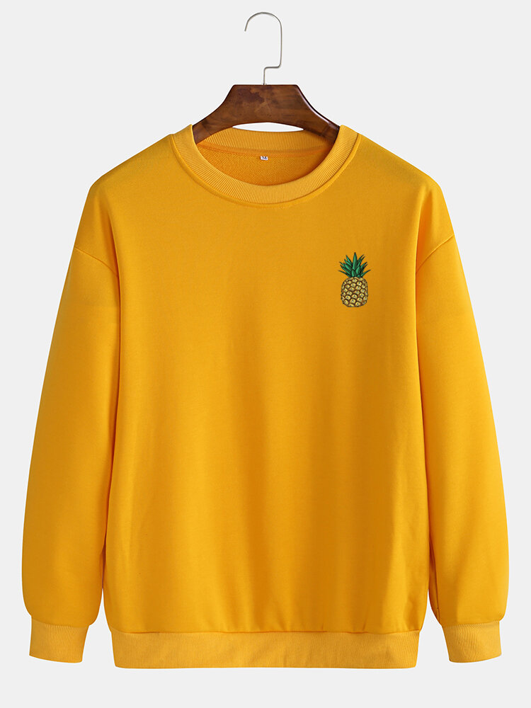 Mens Casual Loose Solid Color Pullover Sweatshirts With Cartoon Pineapple