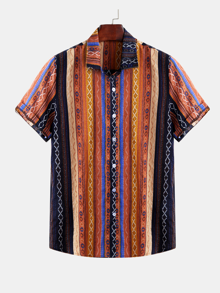 Mens Ethnic Style Stripe Printed Short Sleeve Cotton Breathable Loose Casual Shirt