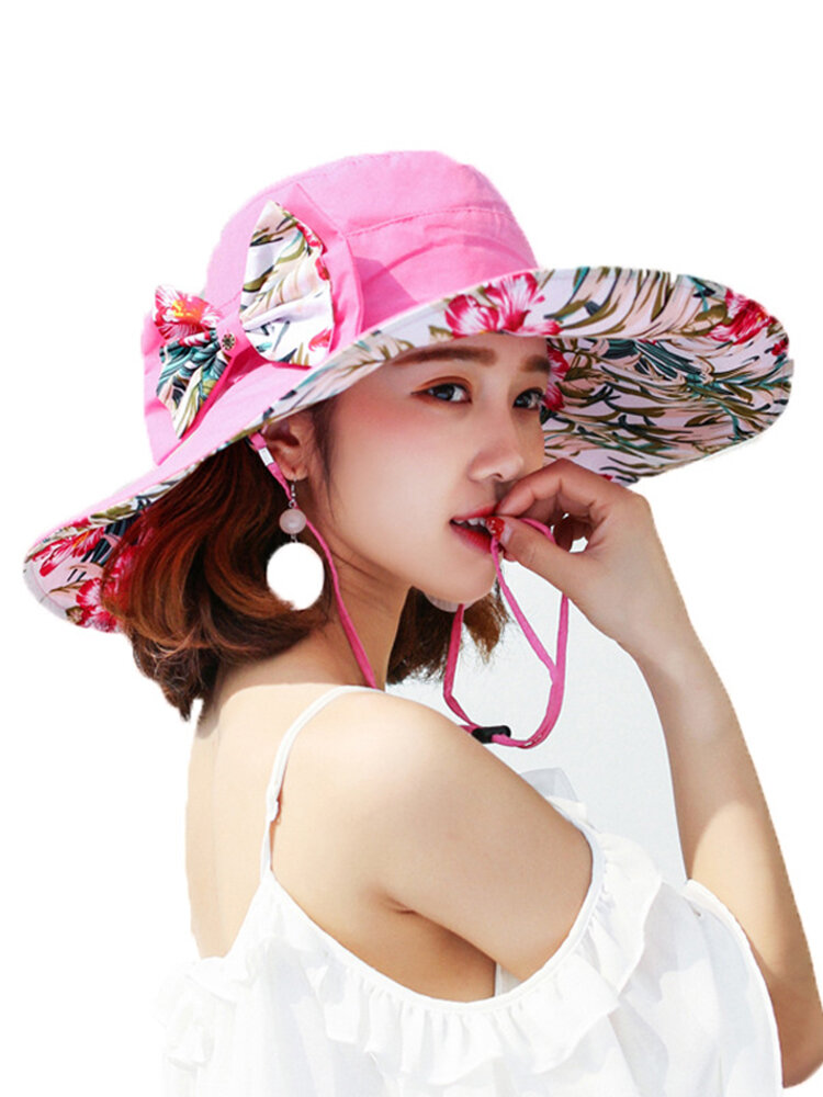 Women Fashion Printing Cap Satin Cotton Long Brim Hat Outdoor Travel Beach Sun Cap