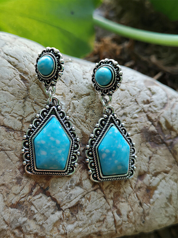 Vintage Bohemian Round Pentagon Shape Carved Lace Alloy Turquoise Earrings