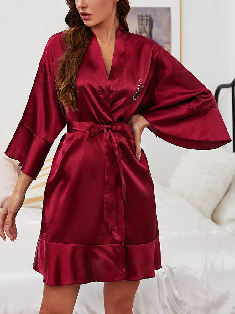 Plus Size Women Faux Silk Ruffle 3/4 Sleeve Home Belted Robe