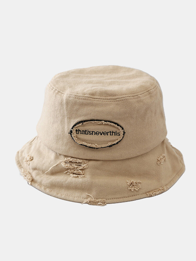 Unisex Cotton Solid Color Broken Hole Letter Embroidery Cloth Label All-match Sunscreen Bucket Hat