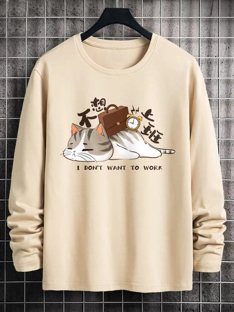 

Mens Cartoon Cat Slogan Print Crew Neck Long Sleeve T-Shirts Winter, Apricot