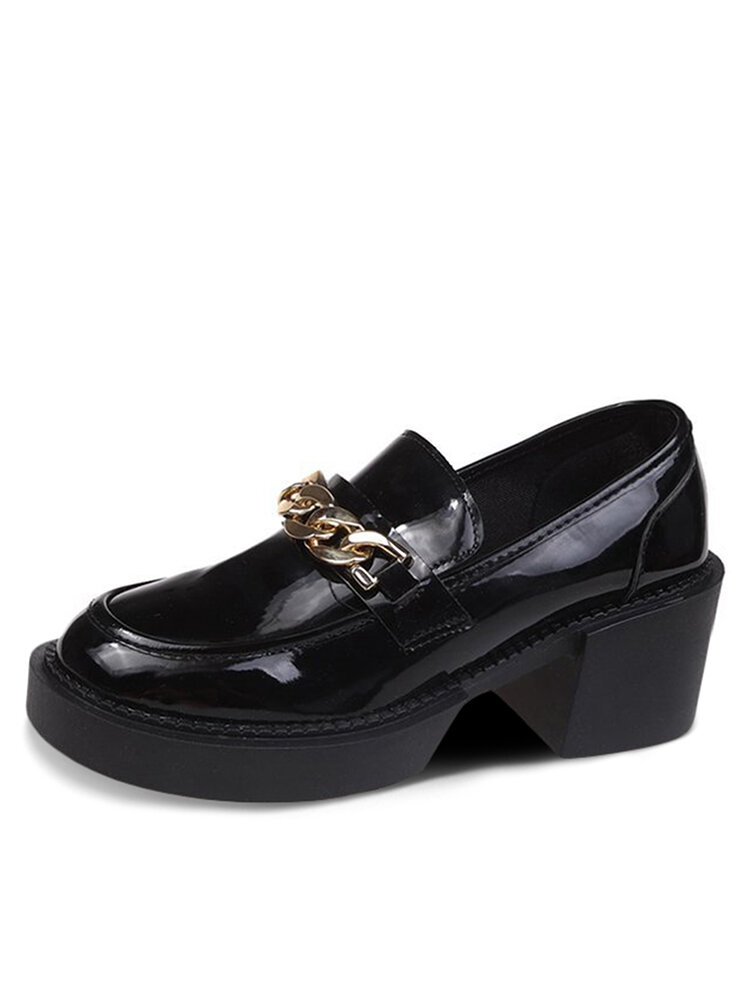Women Fashion Chain Embellished Black Loafers Comfy Warm Lined Platforms Wedges Shoes