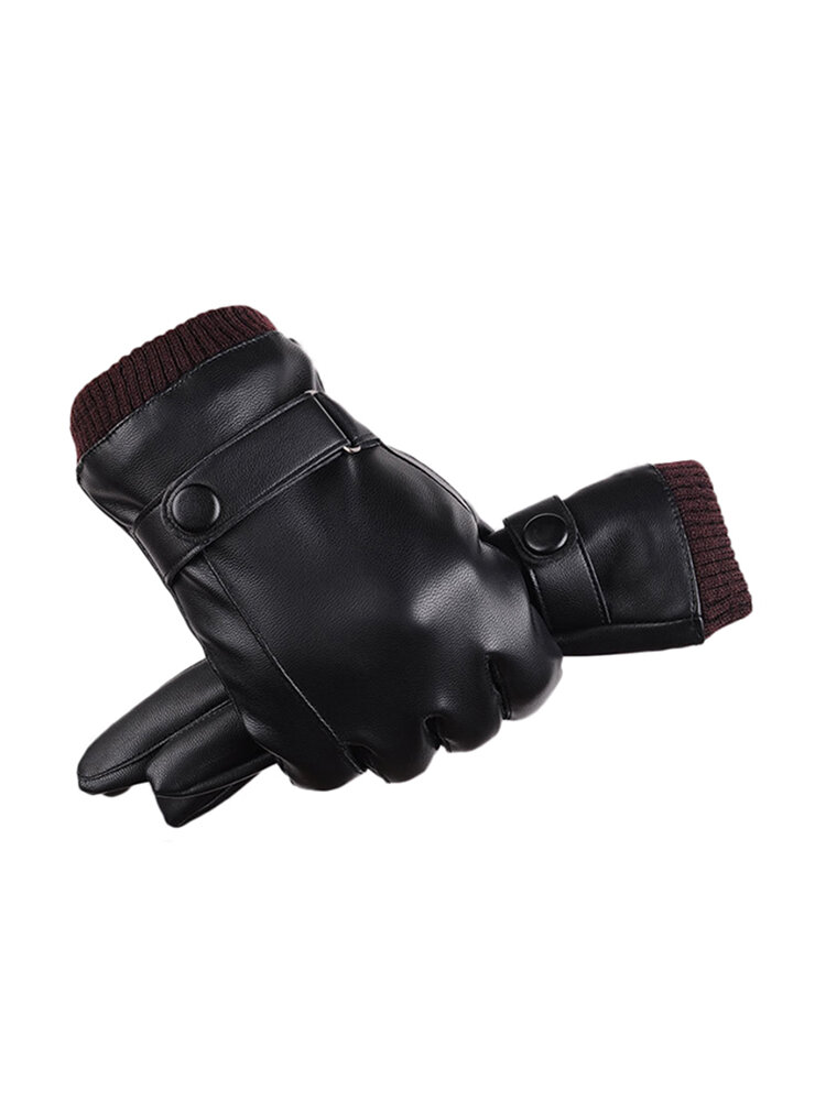 Men Women Full-Finger PU Leather Touch Screen Gloves Thick  Winter Warm Outdoor Windproof Mittens