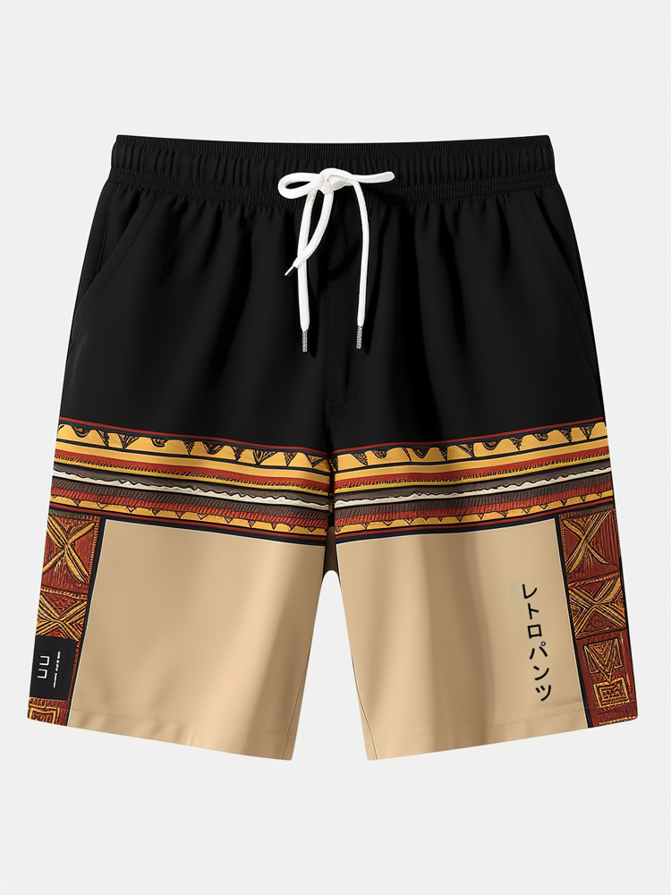 Mens Ethnic Pattern Patchwork Drawstring Waist Shorts With Pocket
