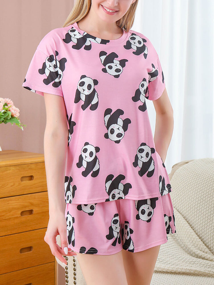 Plus Size Women Cute Panda Print Crew Neck Short Home Pajamas Sets