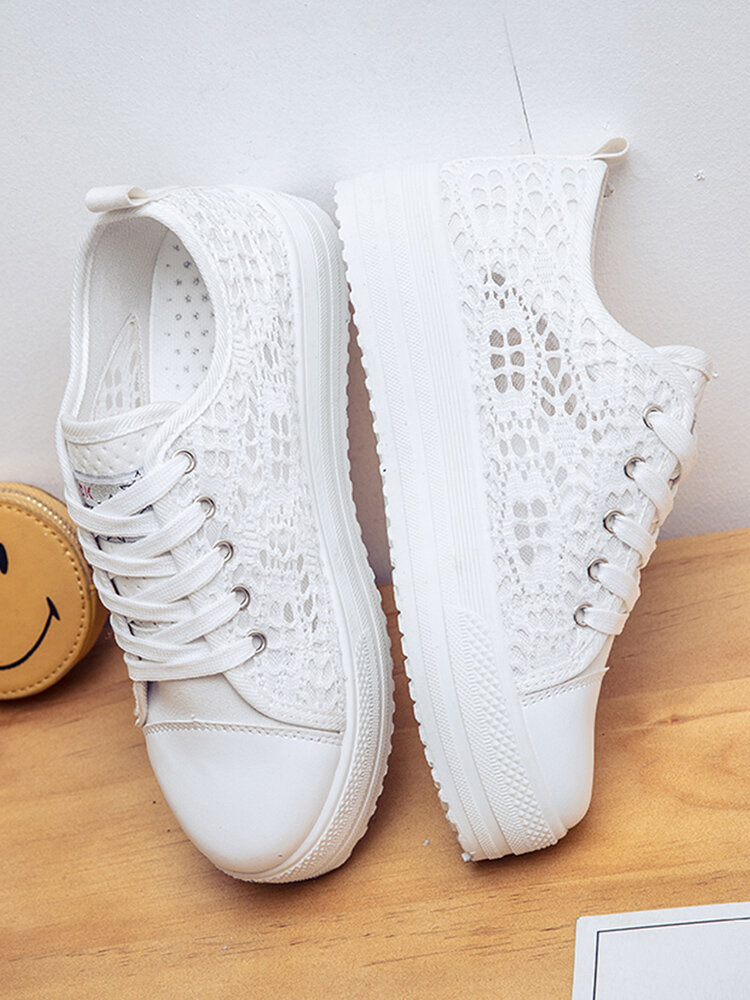 Women Lace Mesh Fabric Comfy Breathable Lace-up Casual Platform Sneakers