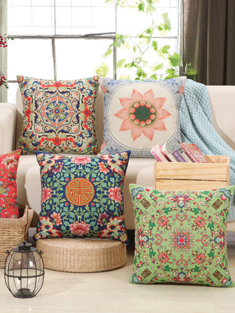 Funda de cojín de lino de algodón estilo flor colorida Soft Throw Pillow Caso Decoración de sofá para el hogar