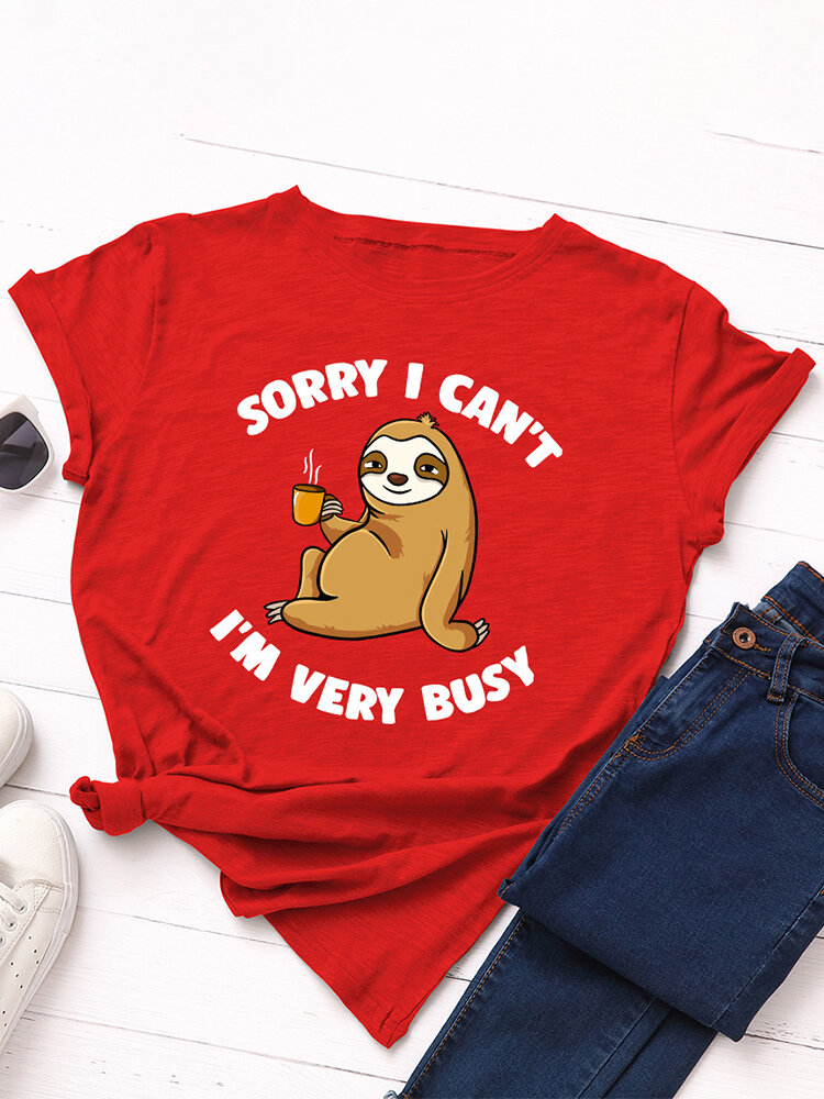 

Cartoon Sloth Print Short Sleeve O-neck Casual T-Shirt For Women, Red;yellow;white;royal blue;meteor gray;meteor white;army green;dark gray;light pink;dark pink;navy;fluorescent green;light gray;olive green;wine red;black