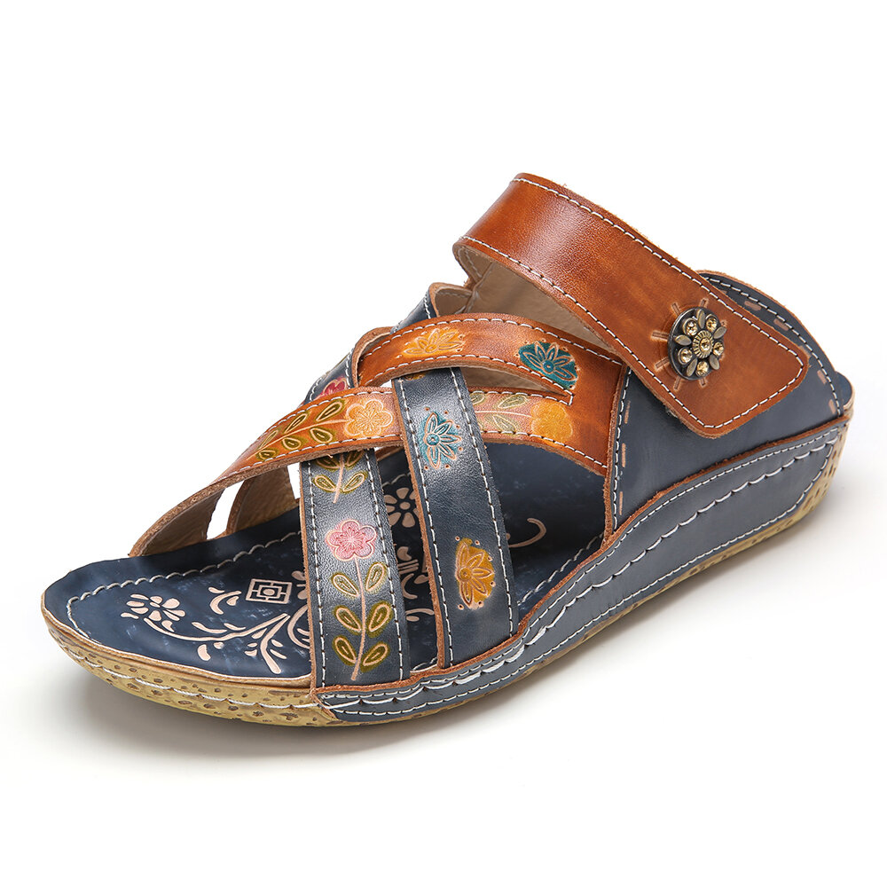 Retro Painted Metal Buttons Embossed Floral Slip-On Flat Wedge Sandals