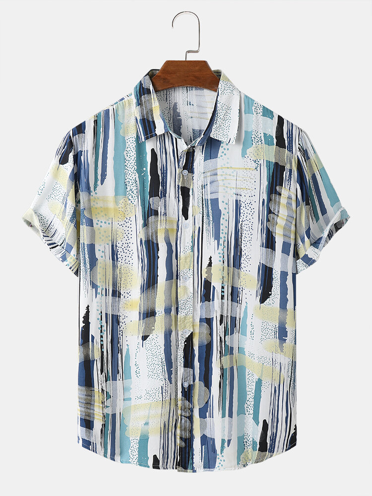 Mens Watercolor Striped Polkadot Print Button Up Short Sleeve Shirts
