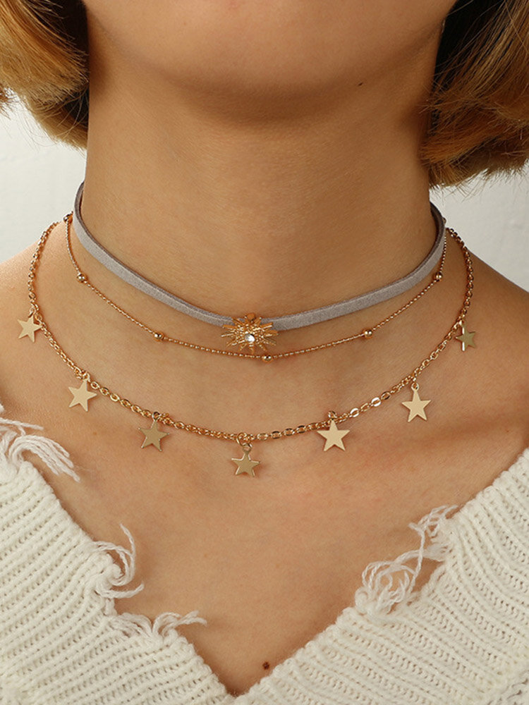 Böhmische Metall geometrische Pentagramm Quaste mehrschichtige Halskette Leder Strass Sonnenanhänger Halskette