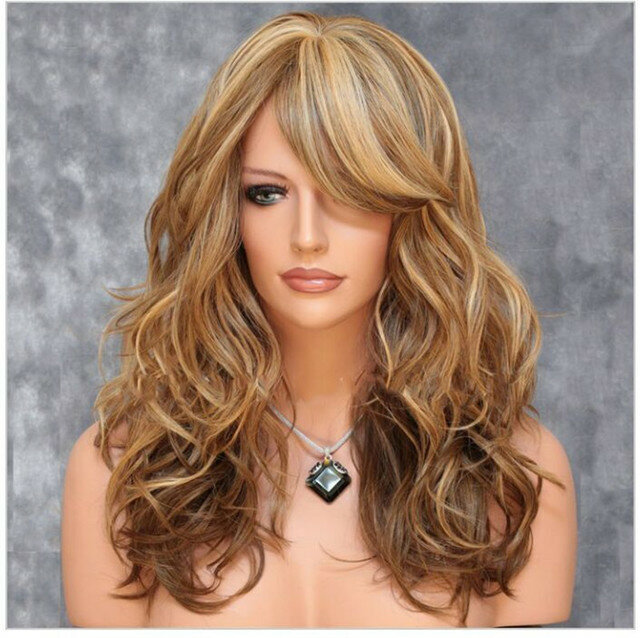 

Oblique Bangs Brown Highlights Gold Curls Hair Big Waves Long Curly Hair Wigs, Picture color delivery network