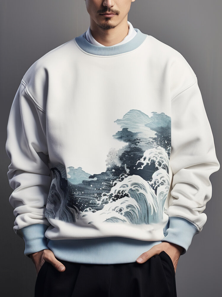 Felpa pullover con stampa giapponese Wave Ukiyoe da uomo Collo