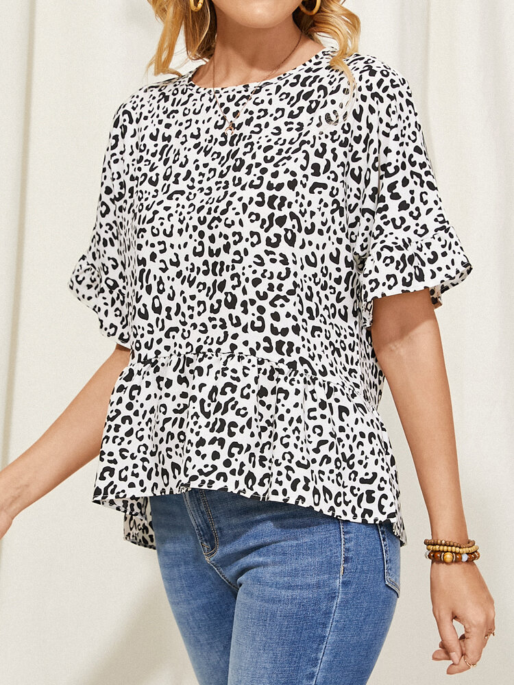 Leopard Print Ruffle Sleeve Button Back Plus Size Casual T-shirt